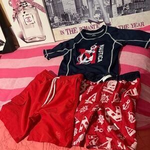 Nautica Navy Rash Guard with Red Nautical Swim Shorts Set
